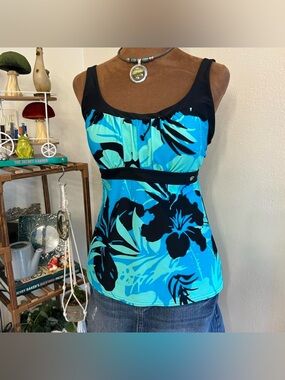 Y2K Tropical Blue + Green Floral Babydoll Tankini Swim Top by Zero Xposur